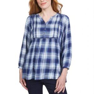 NEW Wrangler Womens XS Blue Plaid Tunic Top Sleeve 100% Viscose Relaxed Fit